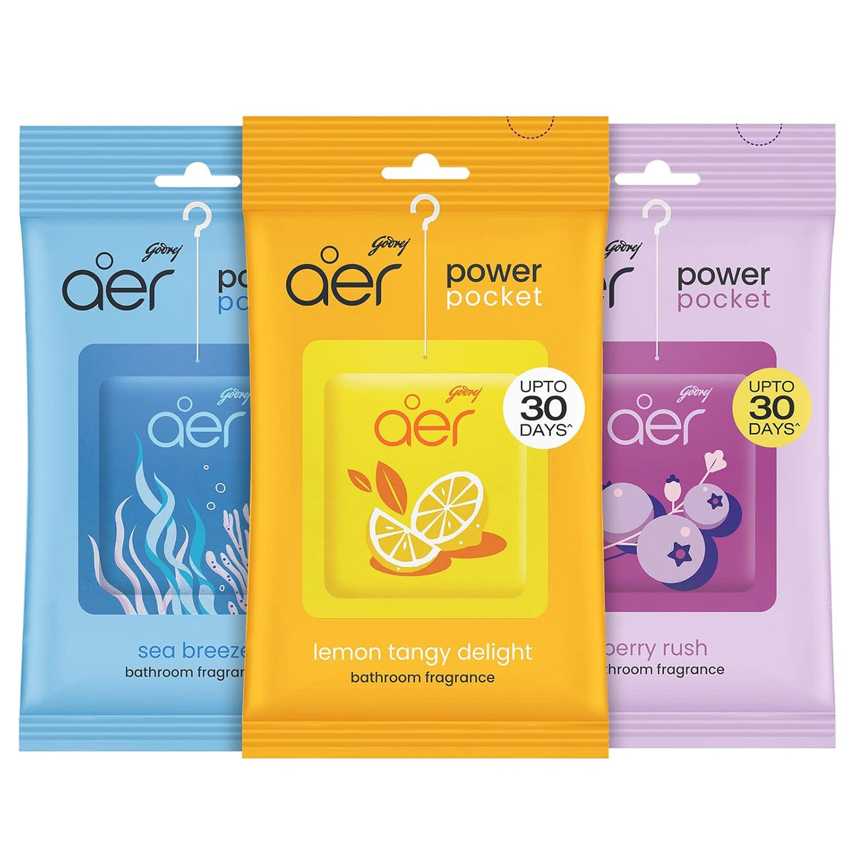 Godrej aer Power Pocket Bathroom Freshener – Assorted Pack of 3 (30g)| Lasts up to 30 days | Germ Protection
