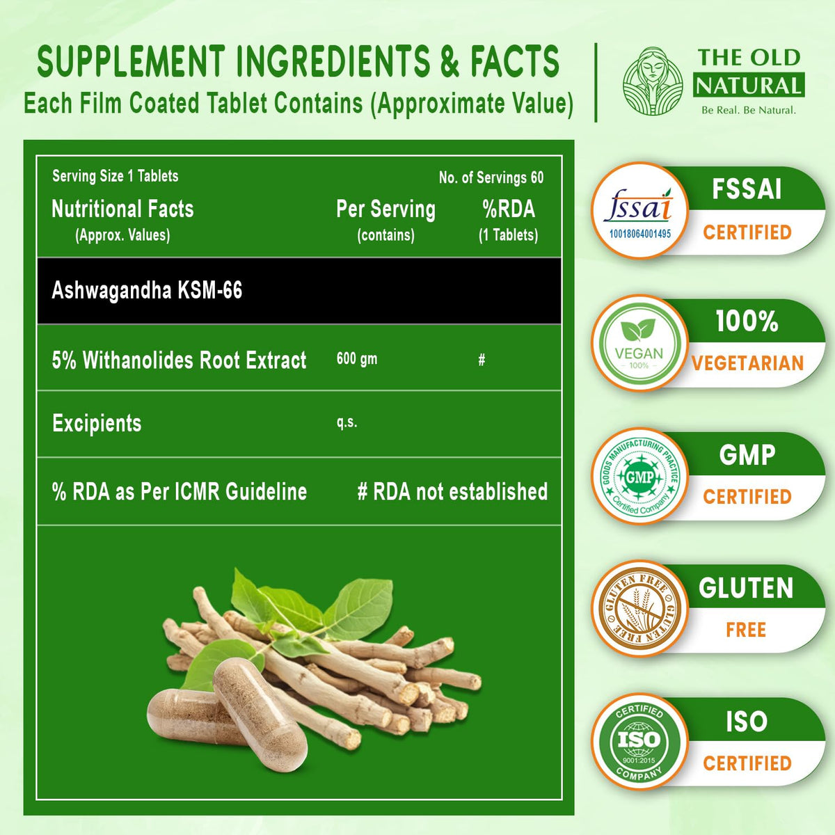 The Old Natural KSM-66 Ashwagandha 600 mg Veg Capsules | Extra Strength Natural Formulation | Support strength & energy | Withania Somnifera Extract - 60 Vegetarian Capsules