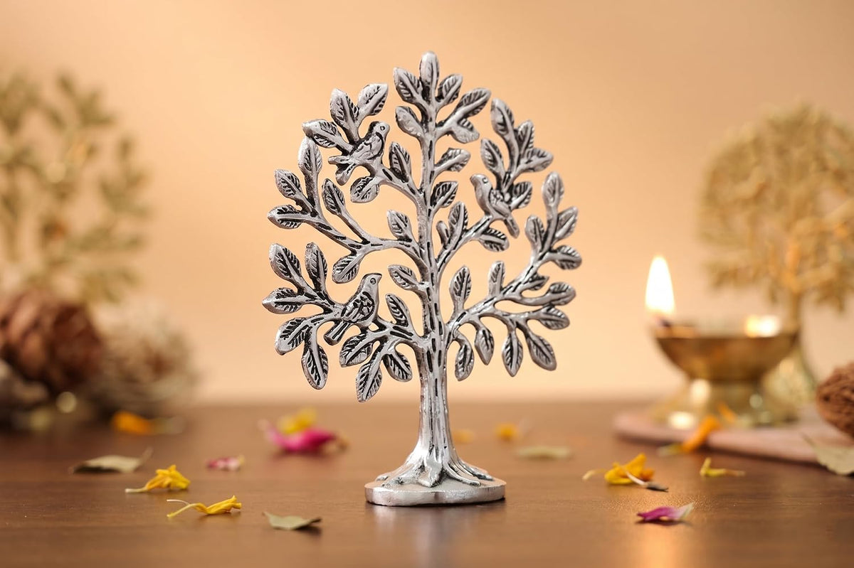 KridayKraft Metal Kalpavriksha Tree for Home Decor - Golden Wish Fulfilling Tree Metal Showpiece for Temple, Vastu, Office Table & Gifting Banyan (No 0 Silver)