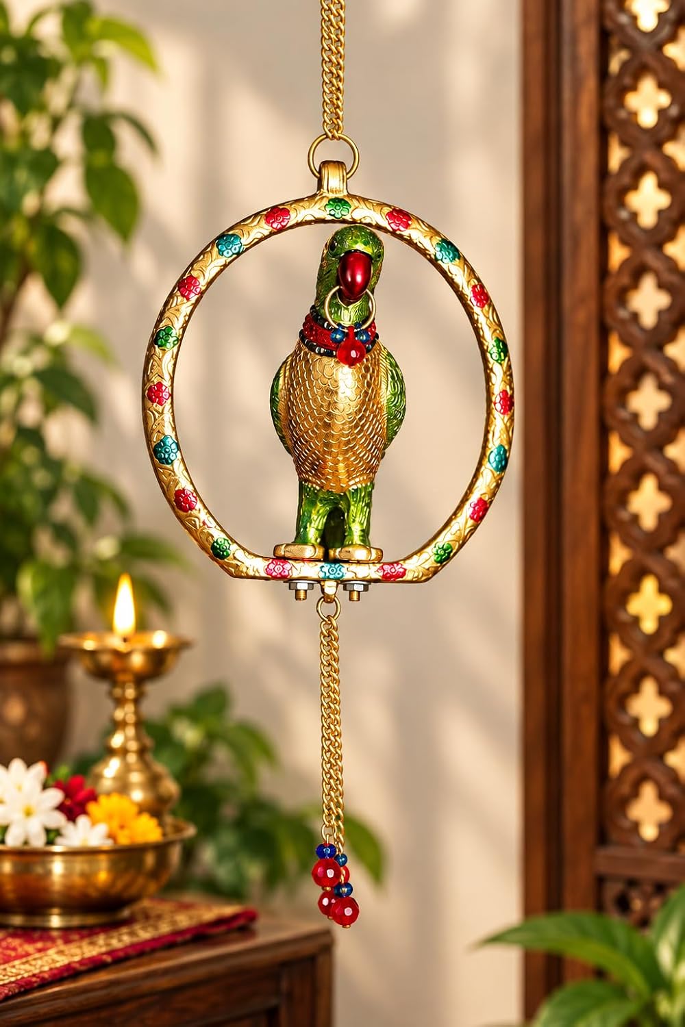 KridayKraft Multicolour Parrot Door Hanging, 29 cm Decorative Bird on Engraved Ring with Hanging Chain for Home Entrance, Living Room, Balcony and Housewarming Gift