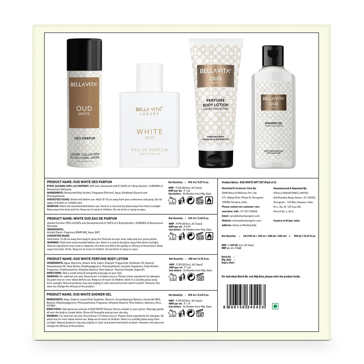 Bella Vita Luxury OUD WHITE Gift Set with Shower Gel 250 Ml for Deep Cleansing, EDP Perfume 100 Ml, No Gas Deo Body Parfum 150 Ml & Perfume Body Lotion 200 Ml