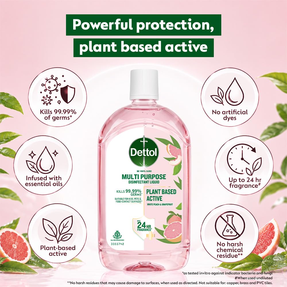 Dettol Plant-Based Disinfectant Liquid 550ml, White Peach & Grapefruit Fragrance – Kids Safe & Pet Friendly | Multi-Purpose Cleaner for Laundry & Floors | Kills 99.99% Germs