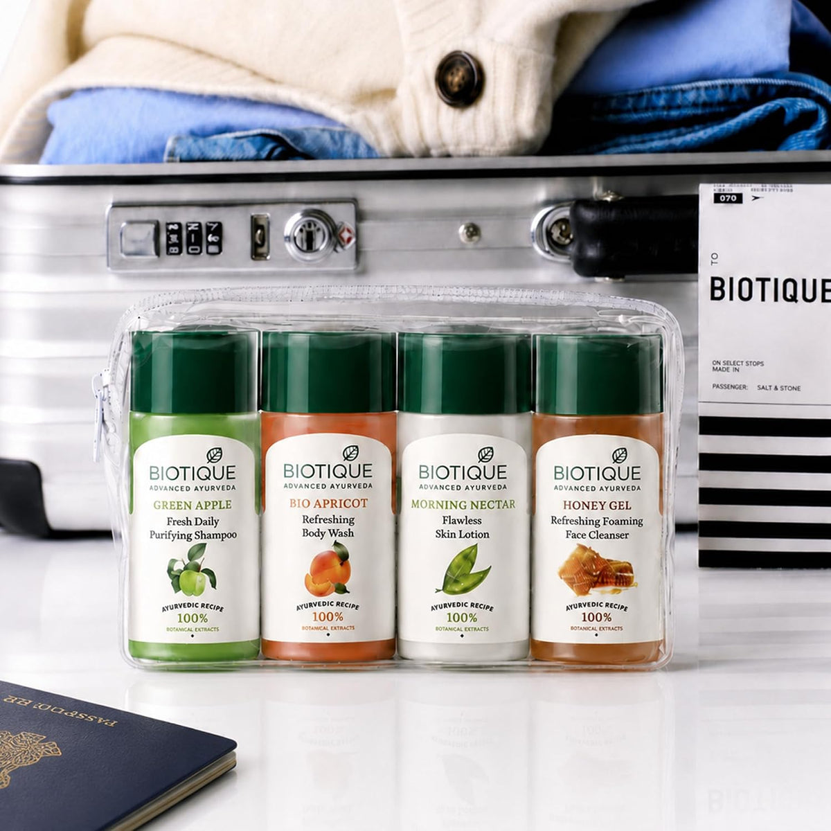 Biotique Travel Kit | Includes Green Apple, Bio Apricot, Morning Nectar & Honey Gel | Mini Skincare & Haircare Essentials for Travel | Enriched with 100% Botanical Extracts