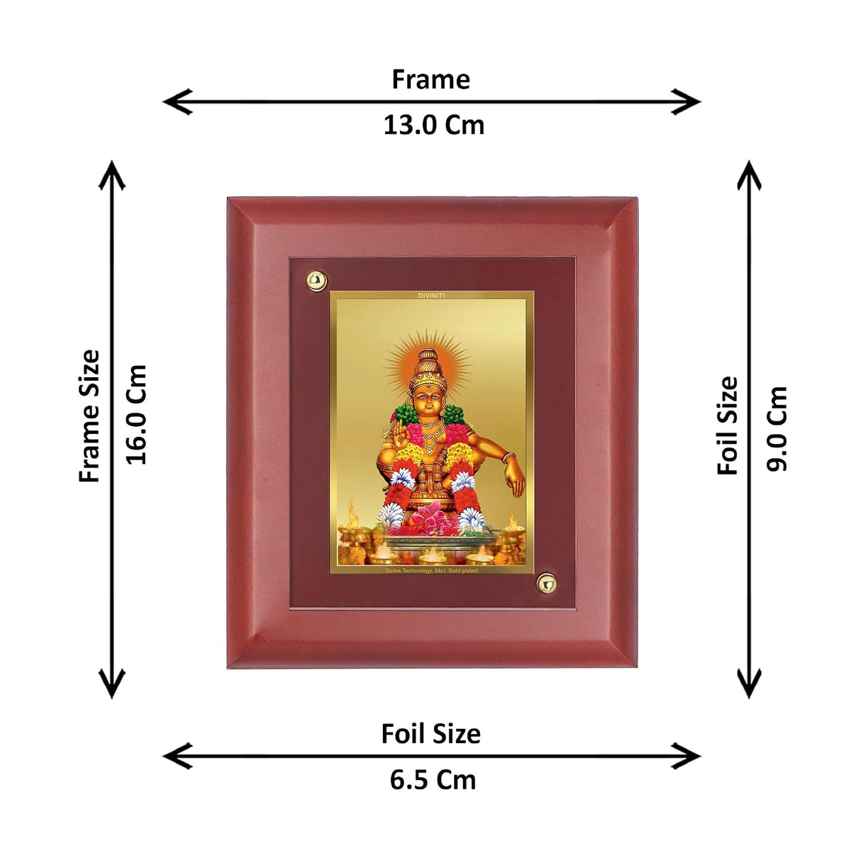 DIVINITI 24K Gold Plated Lord Ayyappa Swamy Photo Frame | Premium Religious Gift & Spiritual Home Decor | MDF Gold Foil Frame for Pooja Room, Mandir, Wall & Gifting | 16 x 13.5 CM