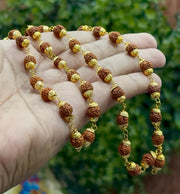 RUDRADIVINE 5 Mukhi Rudraksha Mala, Gold-Plated, 54 Beads, Brown, for Meditation, Yoga, Chanting and Prayer
