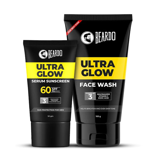 Beardo Glow Mode on Kit | Ultra Glow Serum Sunscreen & Facewash | Hydrated and Refreshing | Brightening and Glowing Skin |Deep Cleansing & Nourishment | Suitable for All Skin Types - Set of 2