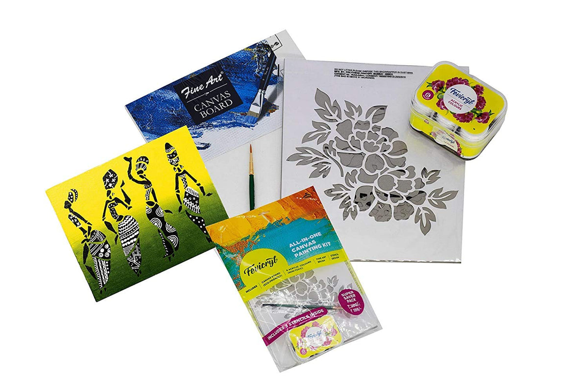 FEVICRYL Canvas KIT with Stencil, AXRYLIC Colours-(Crimson,ULTRAMARNINE Blue,SAP Green,Lemon Yellow,Black, White) Size 4 Round Brush, and Premium Quality Canvas Board 8" 10" INCH