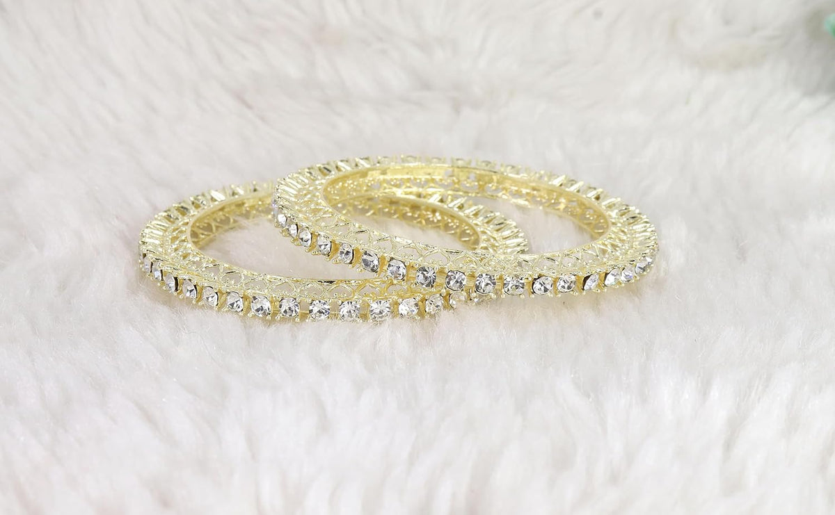 NMII Designer Metal Zircon Diamond Stone Bangles Kada Set For Girls & Women | Latest Women's Bangles | Trendy Kada For Women | Metal Bangles | Bangles For Wedding, Party, Festive- Set of 2