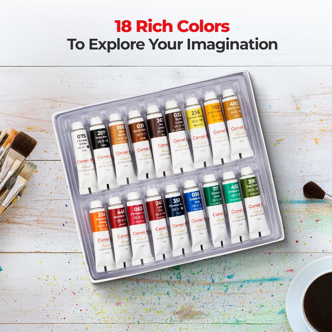 Camel Artist's Water Color Box - 9ml Tubes, 18 Shades