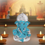 DIVINITI 999 Silver Plated Resin Lord Ganesha Idol for Car Dashboard, Tabletop|Ganesh Statue for Good Luck and Success|Ganpati Murti for Home Decor Mandir, Office Desk Puja Gift Teal (8.4x4.2cm)