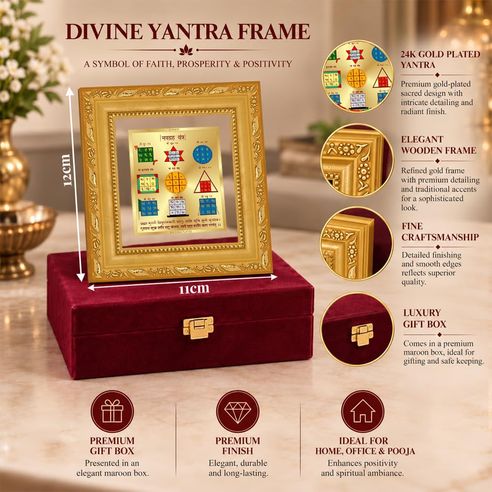 DIVINITI Siddh Energised Navagraha Yantra | 24k Gold Plated Foil Planetary Harmony Vastu Frame for Home, Office & Puja Room | Premium Gift Box | Spiritual Yantra for Planetary Balance, Peace & Prosperity | 12 X 11 CM