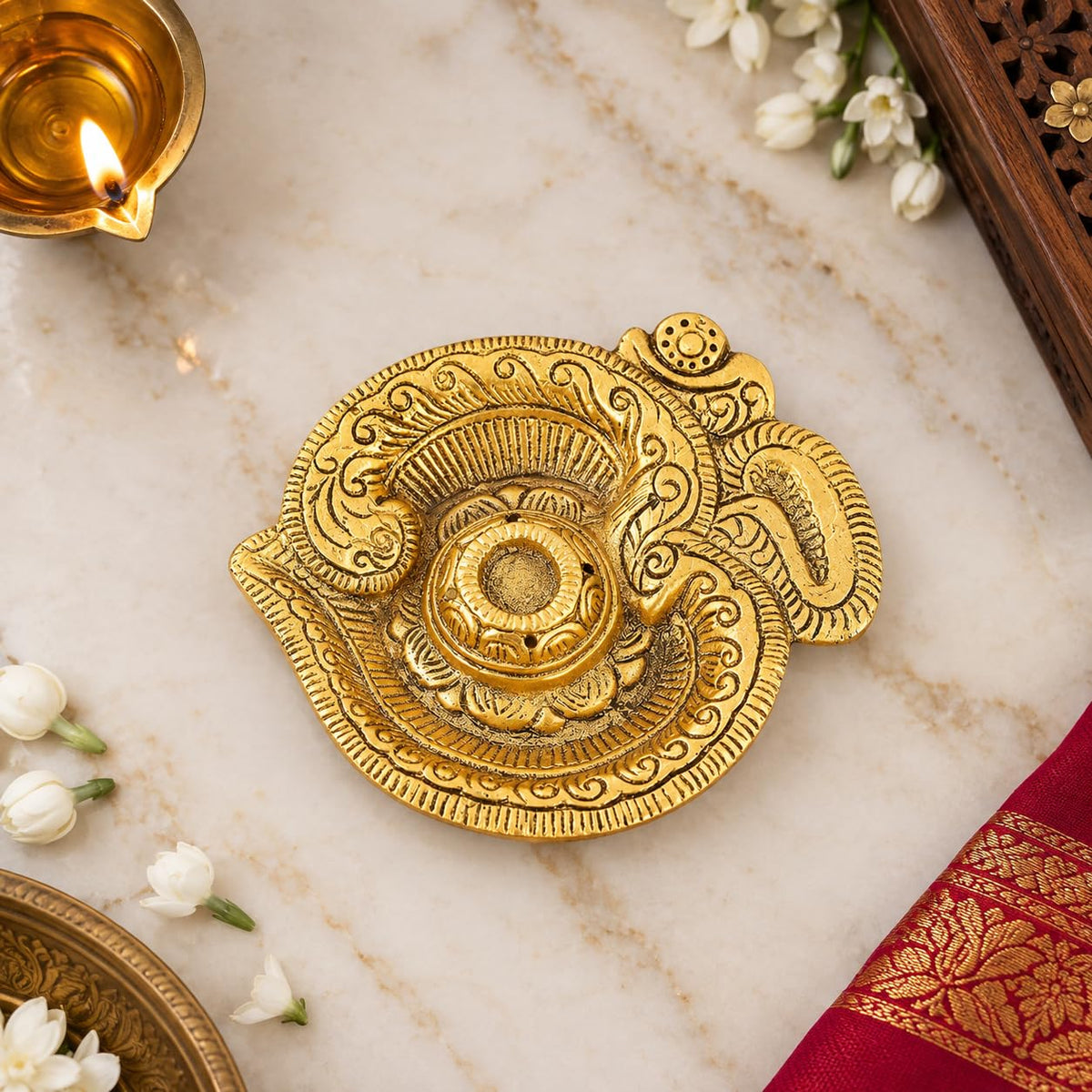 KridayKraft White Metal Gold Plated Diwali Laxmi Ganesh Chocki God Idol with Metal om Shape Incense Stick Holder