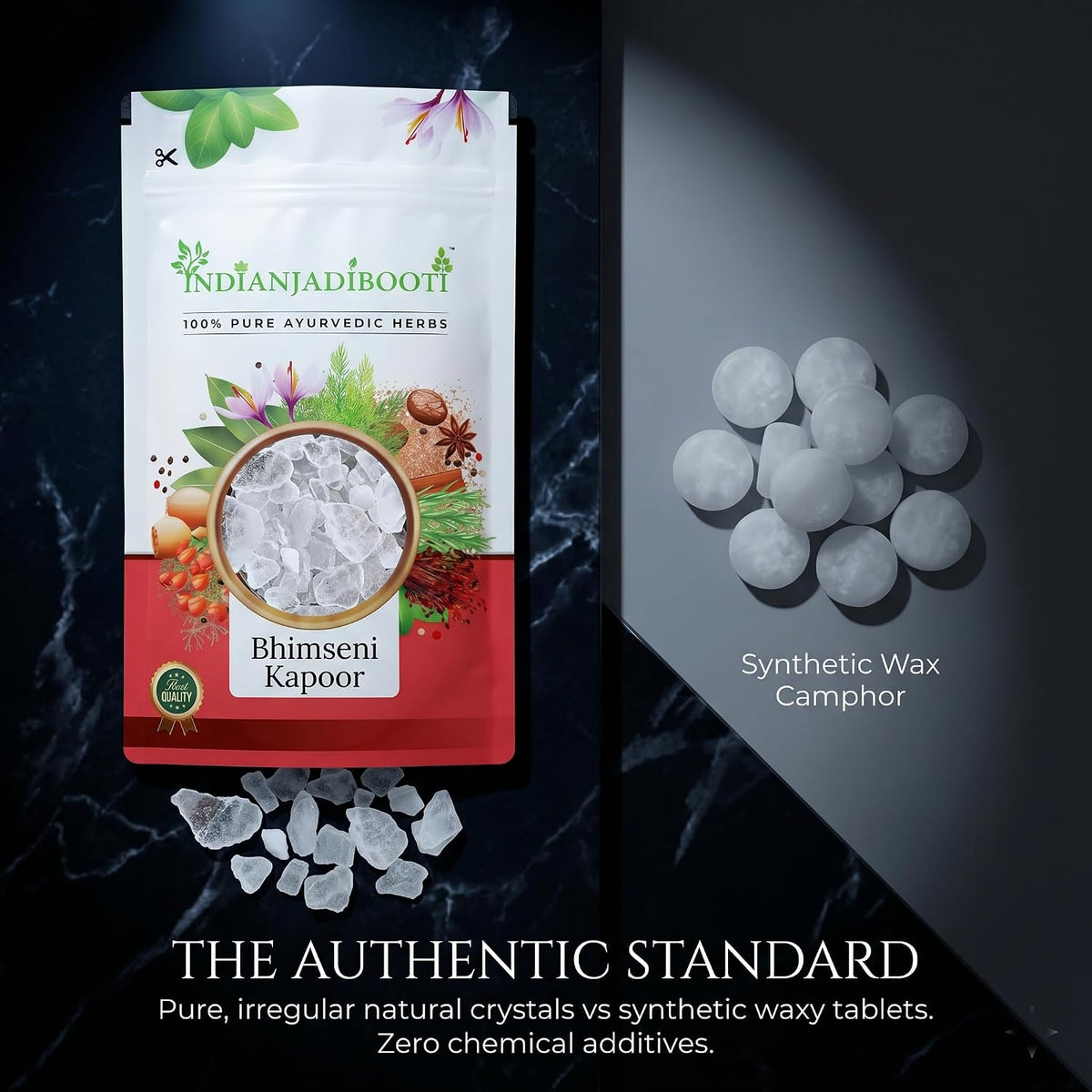 IndianJadiBooti Premium Bhimseni Kapoor – 100% Pure Natural Camphor Crystals for Pooja, Diffuser & Vastu – No Wax, No Residue, Pacha Karpooram for Meditation & Air Purification (100g (The Trial Pack))