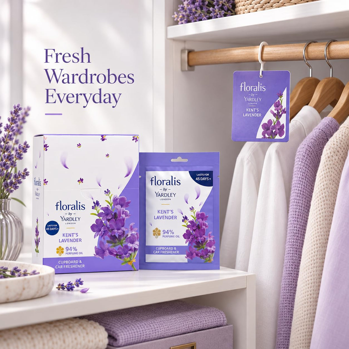 Yardley London Floralis Kent's Lavender Cupboard & Car Freshener (10g) | 94% Perfume Oil Sachet | Long-Lasting Fragrance Up to 45 Days for Wardrobes, Drawers & Cars (Kent Lavender) (Pack of 6)