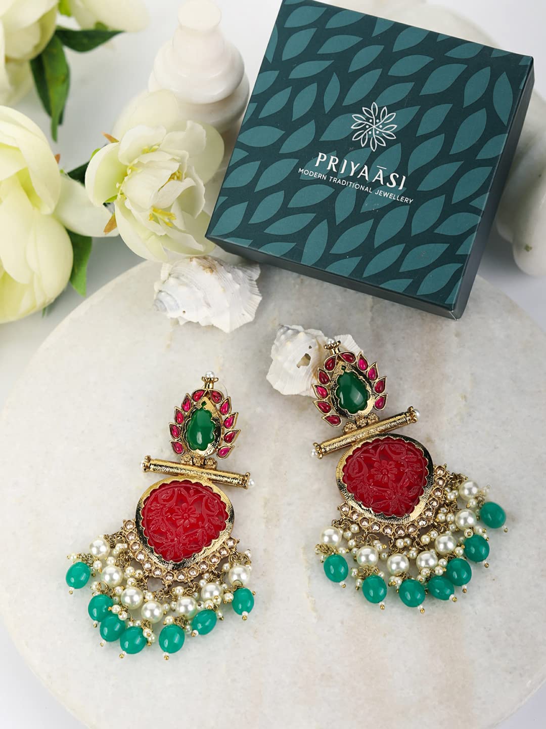 Priyaasi Red & Green Beaded Earrings for Women | Drop of Pearls | Stone-Studded | Gold-Plated | Brass Metal | Pushback Closure | Ethnic Earrings for Women & Girls - Party, Festivals, Weddding, Sangeet