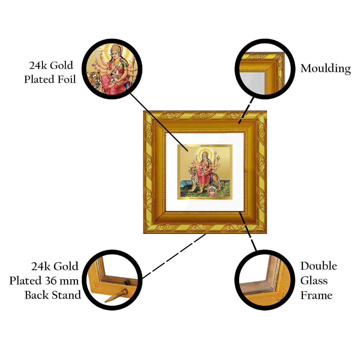 DIVINITI 24K Gold Plated Foil Durga Gold Plated Wall Photo Frame, Table Décor and Religious Photo Frame Idol For Pooja, Gifts Items DG Frame 103 Size 1A (10.8x10.8 CM)
