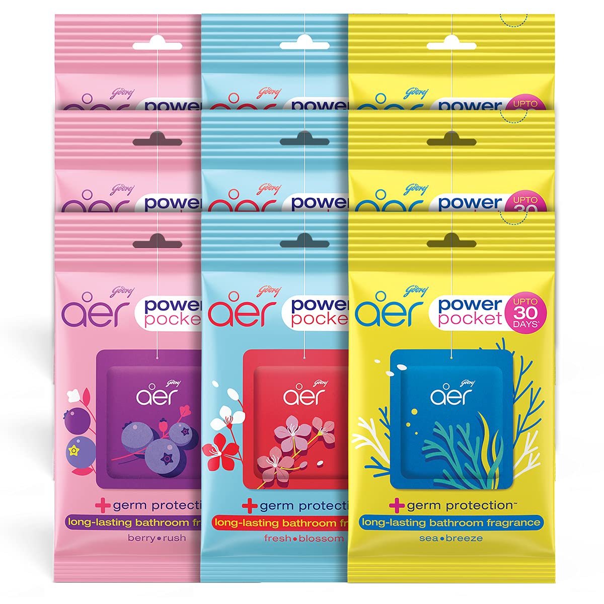 Godrej aer Power Pocket Bathroom Freshener – Assorted Pack of 9 (90g)| Lasts up to 30 days | Germ Protection