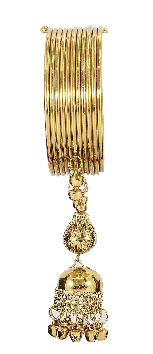 NMII Non-Precious Metal Base Metal with Plain and Golden Polished Glossy Finished Bracelet Bells Latkan Kada Set For Women and Girls