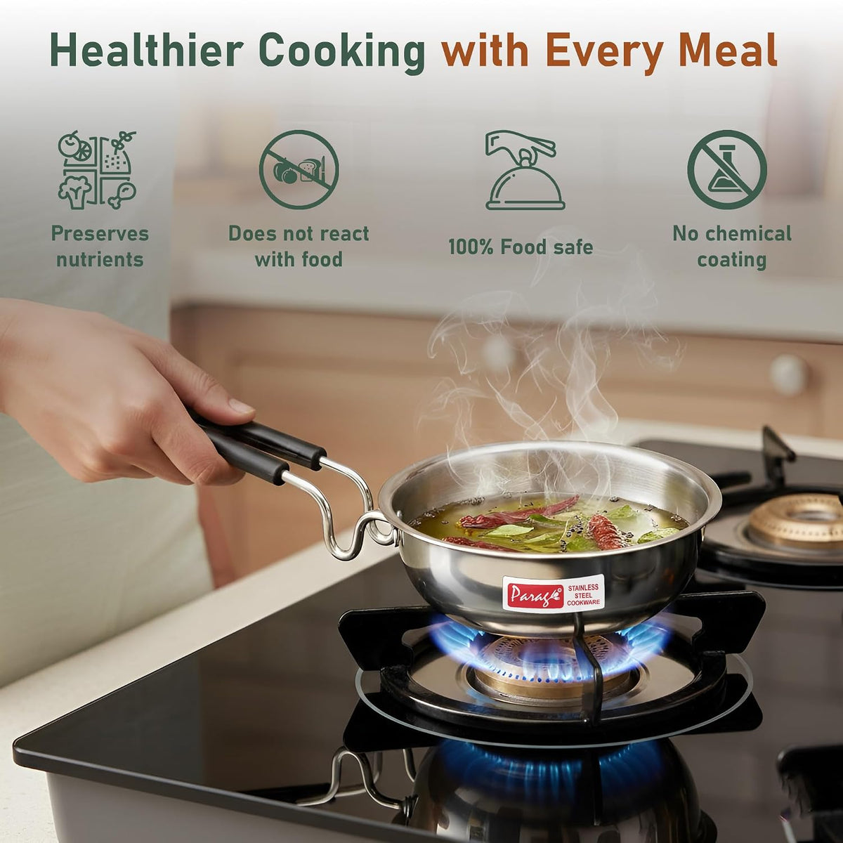 Parage 1 Pc Triply Stainless Steel Tadka Pan 500ml with Heat Resistant Handle | Tripure | Small Deep Tempering Pan for Dal, Ghee & Curry | Durable Steel Tadka Pan for Indian Cooking (13 cm Diameter)