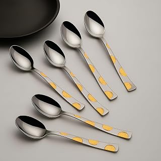 Parage 6 Pieces Stainless Steel 24k Golden Spoons Set, 15.5 cm Long, Premium Spoons for Home & Kitchen, Luxury Dining Gift for House Warming,24 Karat Gold Plated Dinner Spoon, Moonpress Design