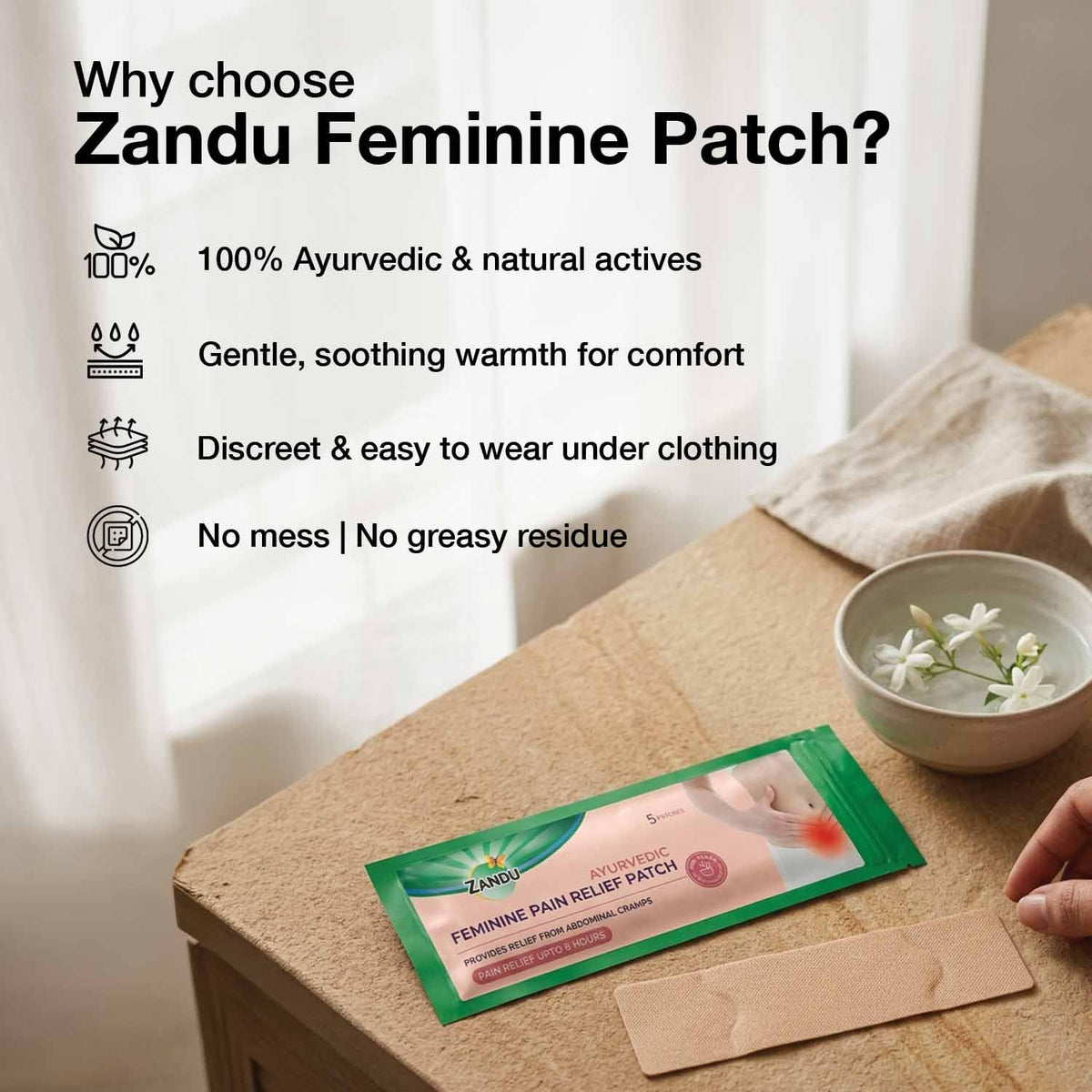 Zandu Ayurvedic Feminine Pain Relief Patch(Pack Of 5 Patches) - A Specially Designed Pain Relief Patch For Helping Relieve Abdominal Cramps & Back Pain Massager |Easy To Apply & Carry,Multicolour