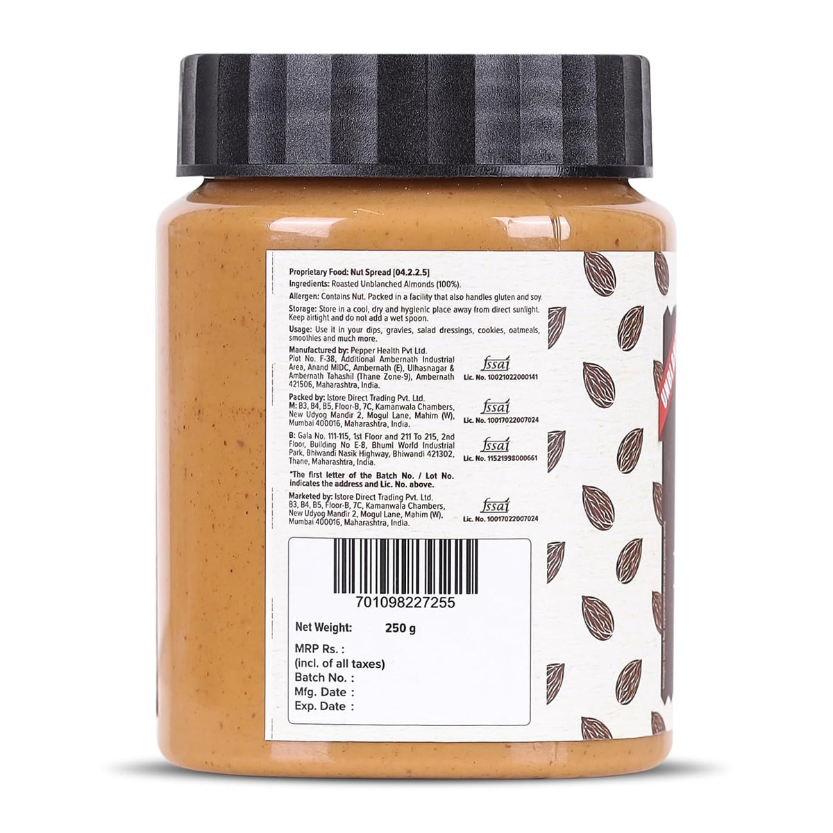 Urban Platter Almond Butter (With Skin), 250g (Bold Nutty Flavour | Single Ingredient | Keto-Friendly | Unblanched Paste)
