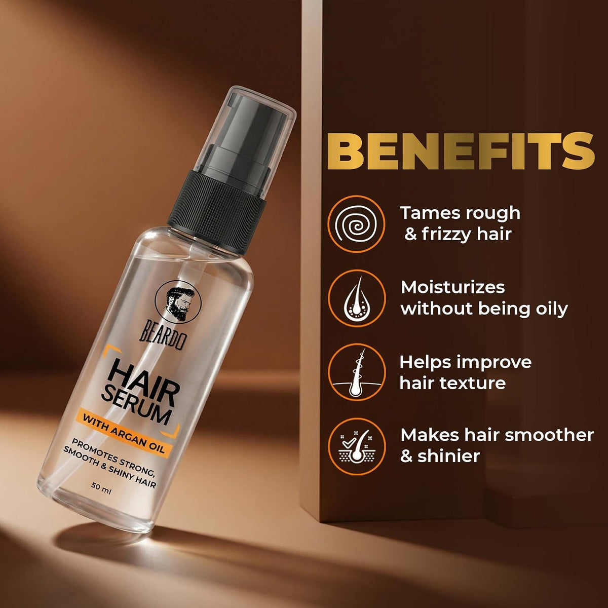 Beardo Hair Serum 50ml for Instant Shine & Anti-frizz with Argan Oil, Made for Men's Hair, Super Light-weight | Provides shine, smoothness and damage protection | Frizz-Free Hair Serum for Men
