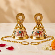 DSH Pure Brass Hanging Bell with Chain for Temple Mandir Door Home Decorative Ringing Bell (White, 2)