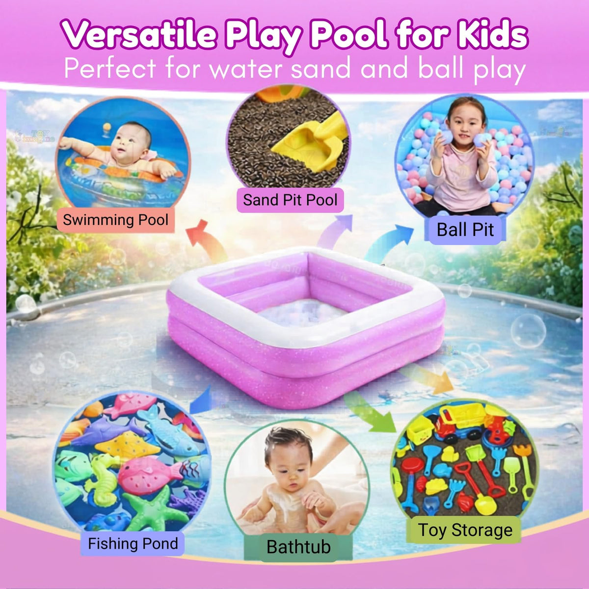 Toy Imagine 3 ft Square Inflatable Pool for Kids – Swimming Bathtub for Toddlers (0–5 Years) | Outdoor Garden Summer Play Pool(Pink)