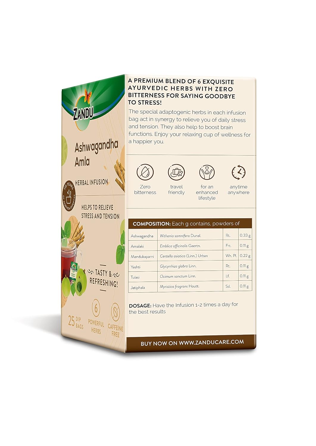 Zandu Ashwagandha Amla Ayurvedic Infusion, a Herbal Tea Enriched with 6 Ayurvedic Ingredients (25 Tea Bags)