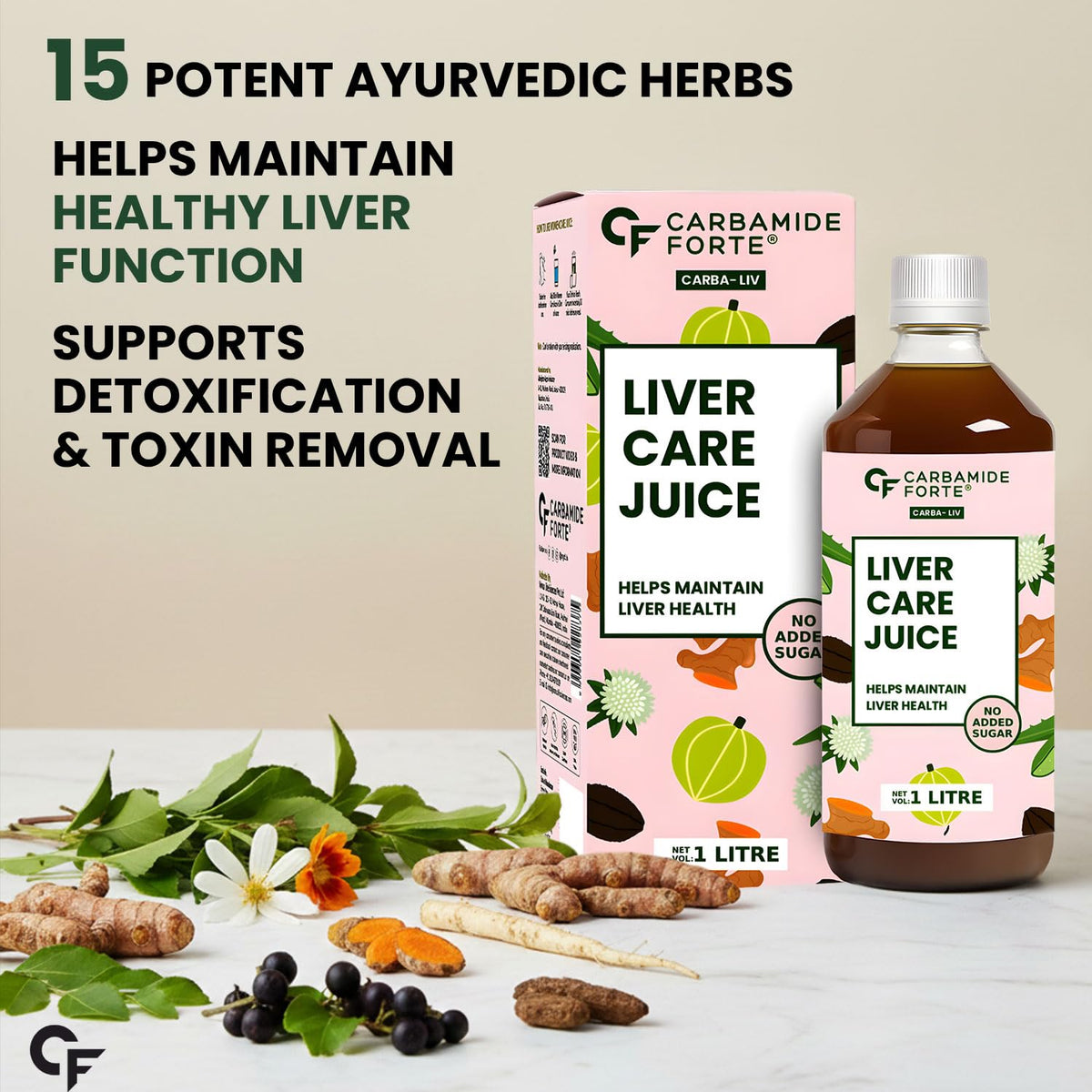 Carbamide Forte Ayurvedic Liver Care Juice - 1L | Herbal Liver Detox Supplement | Antioxidant-Rich Formula with 15 Ayurvedic Herbs | No Added Sugar & Artificial Colour