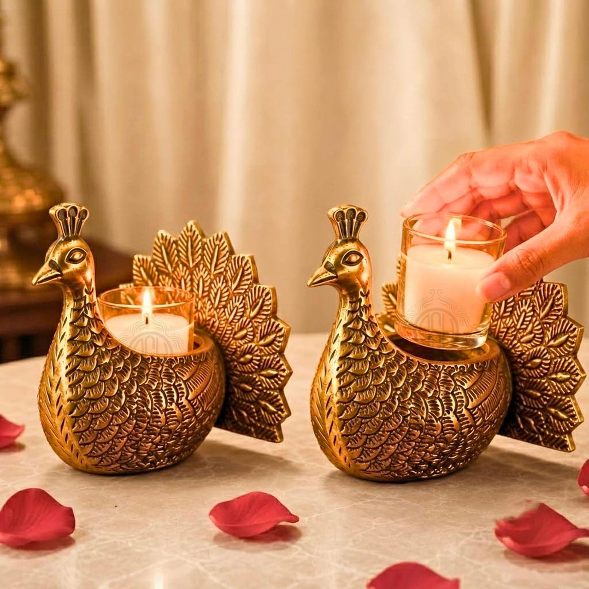 DSH Decorative Dancing Peacock Tealight Candle Holder Set of 2 with Glass Votive Antique Gold Metal Candle Stand for Home Decor, Table Centerpiece, Diwali & Gifting