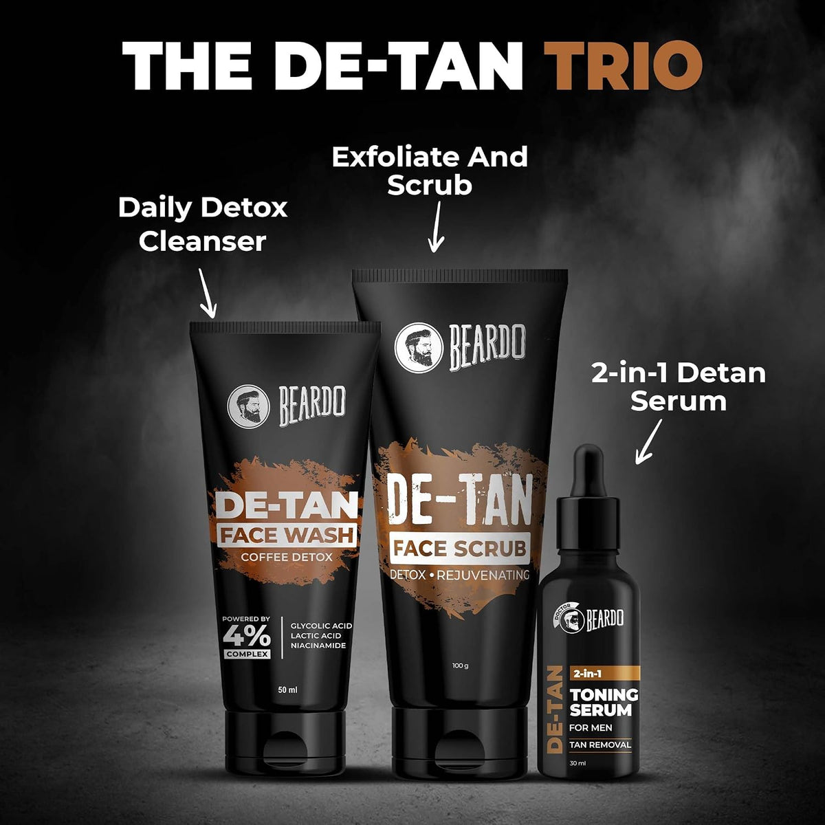 BEARDO DeTan Face Wash for Men, 50ml | Glycolic Acid,Niacinamide & Coffee | Helps to Reduce Tan,Reduce Dark Sports & Pigmentation | Exfoliates & Hydrates for Smooth & Oil Free Skin