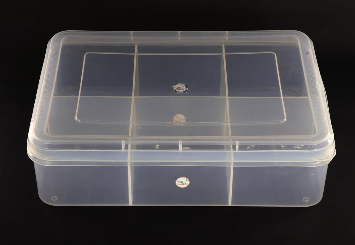 NMII Multipurpose Plastic Storage Box with Partitions | Transparent Organizer with Secure Lid | Ideal for Stationery, Craft Supplies, Tools, and Jewellery, Accessories | Lightweight-(6 Partitions)