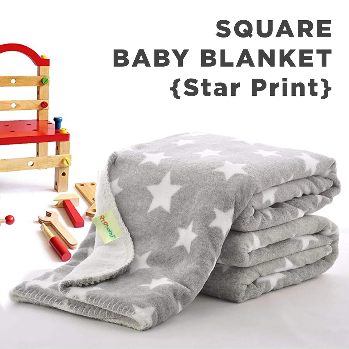 OYO BABY Baby Square Blankets Combo | for New Born Babies Baby Boys, Baby Girls, Babies for 0-6 Months, Fleece, Skin Friendly, 2 Blankets (Star Grey + Star Dark Blue)