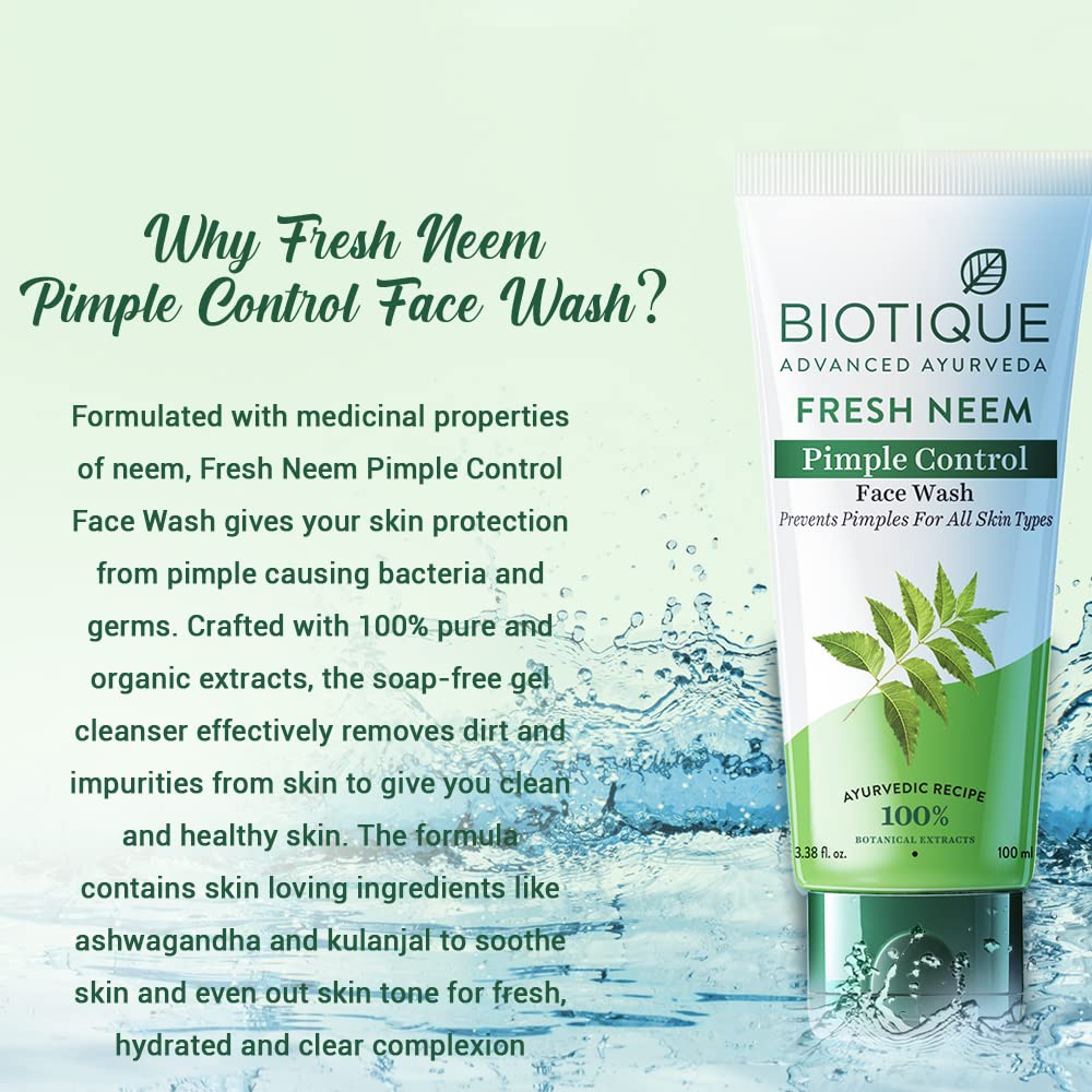 Biotique Fresh Neem Pimple Control Face Wash Prevents Pimples For All Skin Types, 100ml