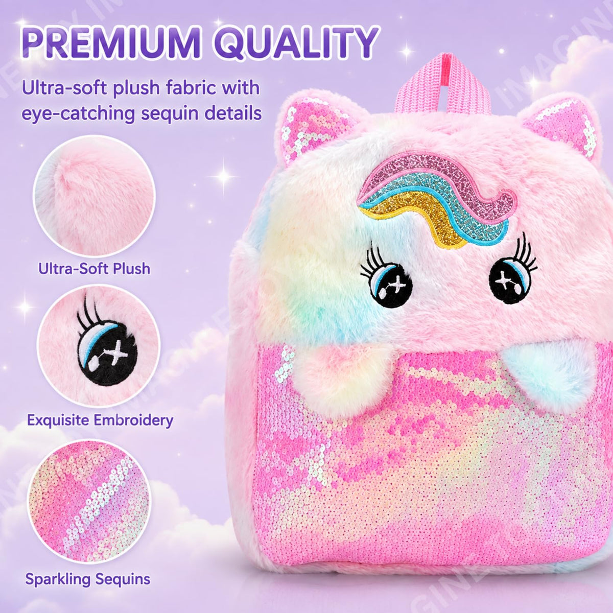 Toy Imagine Unicorn Plush Sequin Backpack for Girls, Ages 1-8 Years