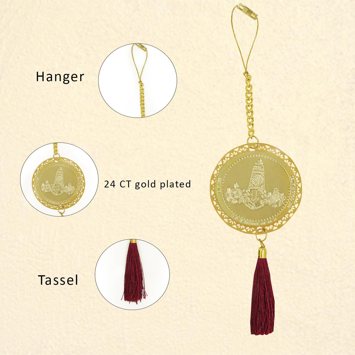 Diviniti 24K Gold Plated Double Sided Tirupati Balaji Car Dangler 6 CM Tirupati Hanging Car Decor Luxurious Dangler for Car Divine Car Accessories for Positive Energy & Protection