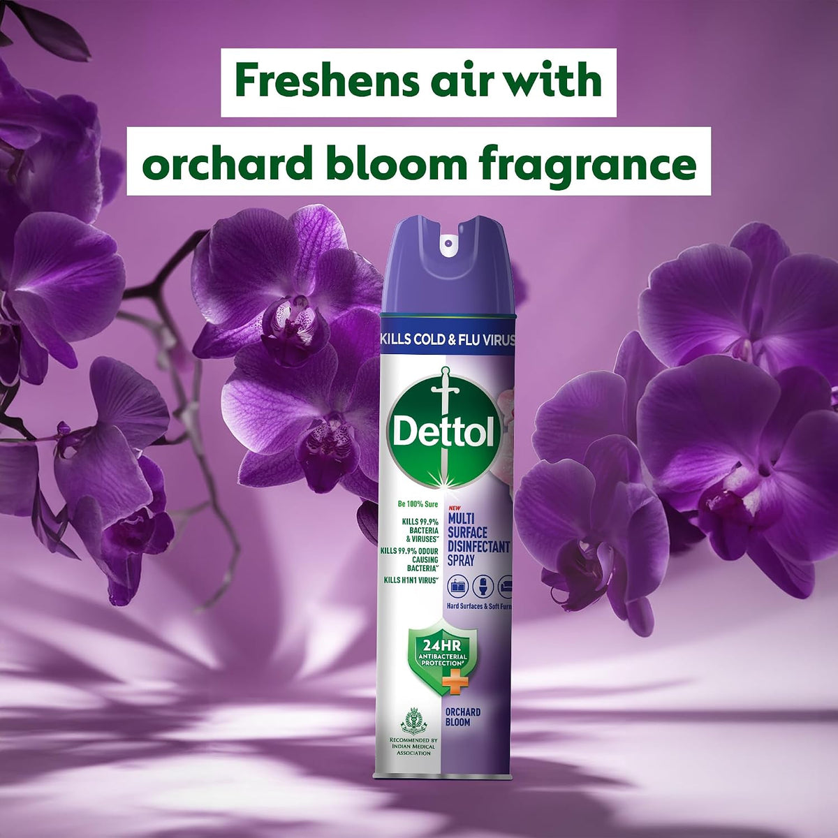 Dettol Multi-Surface Disinfectant Sanitizer Spray Bottle | 24 hours protection| Germ Kill on Hard and Soft Surfaces (Orchard Bloom, 225ml)
