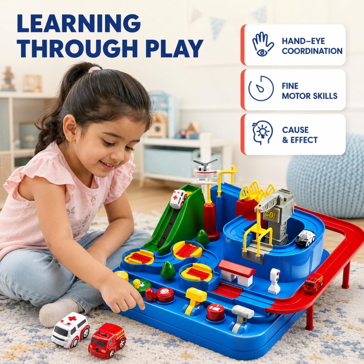 Toy Imagine Car Race Track Toy for Kids 3+ Years City Rescue Vehicle Playset with 4 Mini Cars & 6 Control Buttons, Helicopter, Adventure Ramps Educational Puzzle & Motor Skill Toy for Boys & Girls