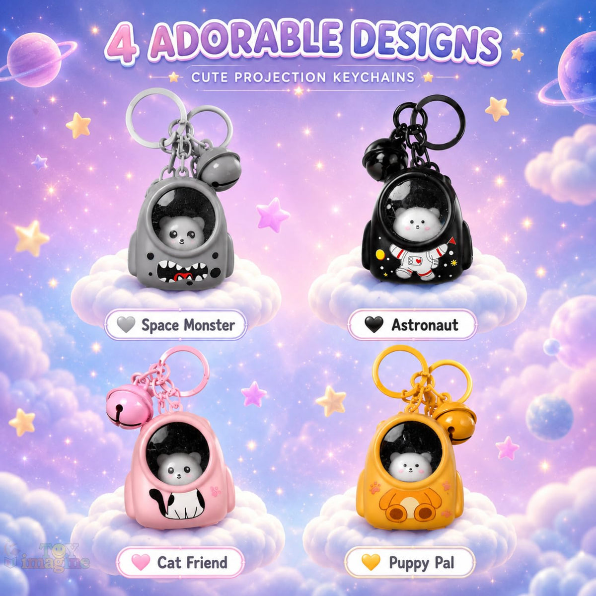 Toy Imagine Cute LED Glowing Animal Keychain for Kids (Pack of 4) Kawaii Cat Astronaut Bag Charm with Bell Backpack & School Bag Accessory Return Birthday Gift for Girls, Boys, Teens (Random Designs)