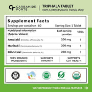 Carbamide Forte Triphala Churna Tablets 600mg | 100% Organic Triphala Tablets with Amla, Haritaki & Bibhitaki | Triphala Capsules Alternative for Digestive Health | 60 Tablets
