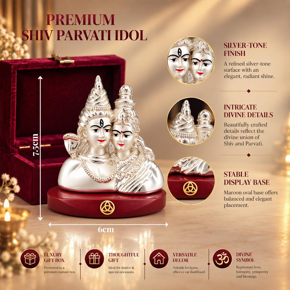 DIVINITI 999 Silver-Plated Shiv Parvati Idol | Shiva Parvati Murti for Home, Office & Pooja Mandir | Wedding, Diwali & Housewarming Gift with Premium Gift Box | 7.5 x 6 CM