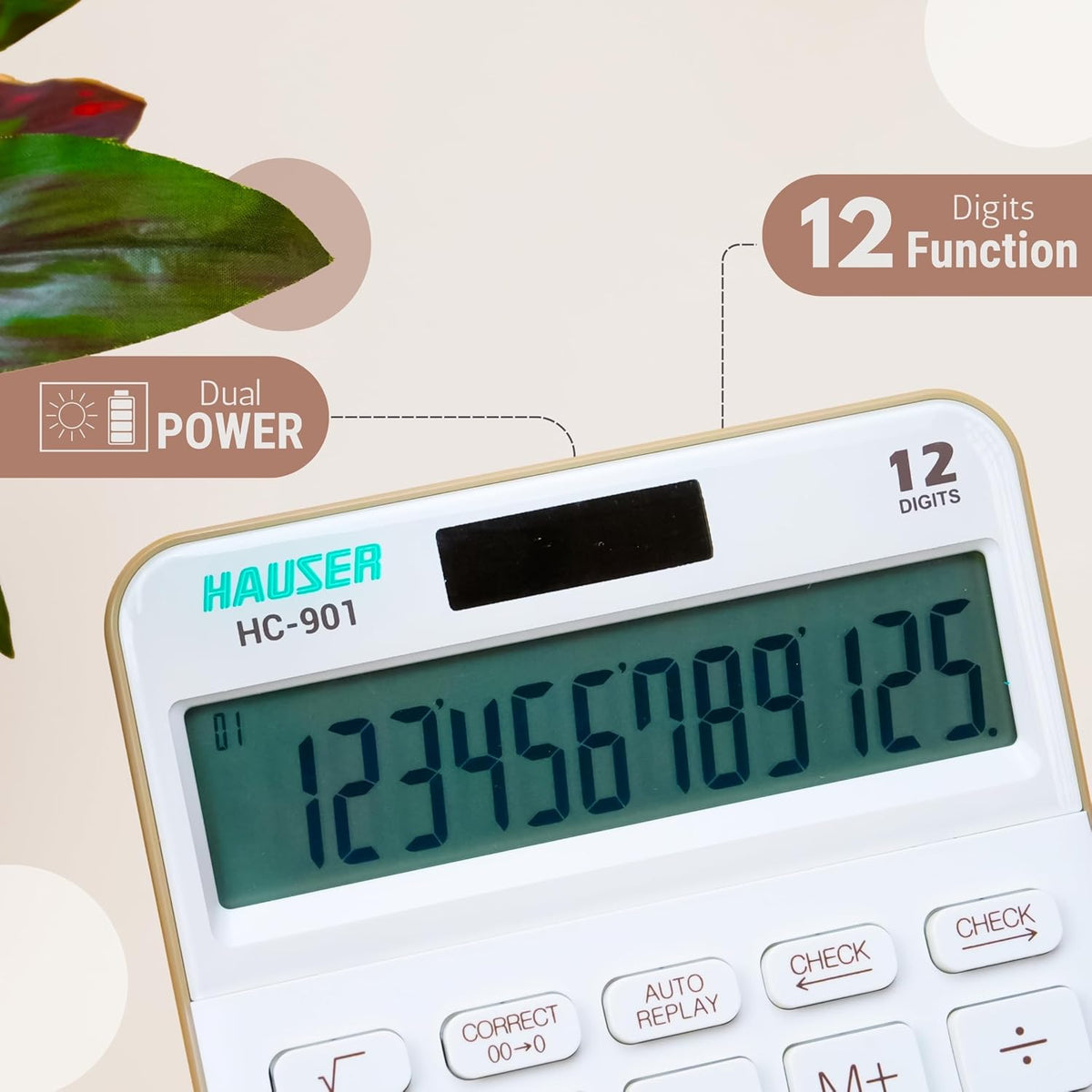 Hauser HC-901 Professional 12-Digit Calculator with Check/Correct & Dual Power