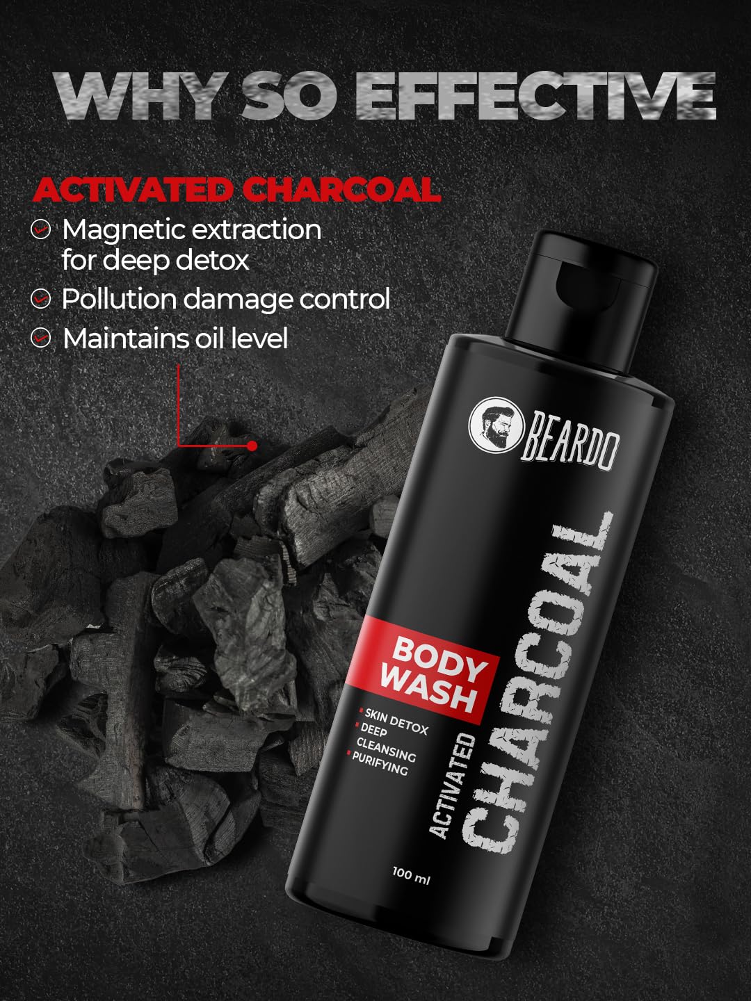 Beardo Activated Charcoal Anti-Pollution Body Wash, 100ml | Deep Pore Cleaning | Removes Dirt & Impurities | For Body & Face | Reduces Acne | Oil Control | For Men