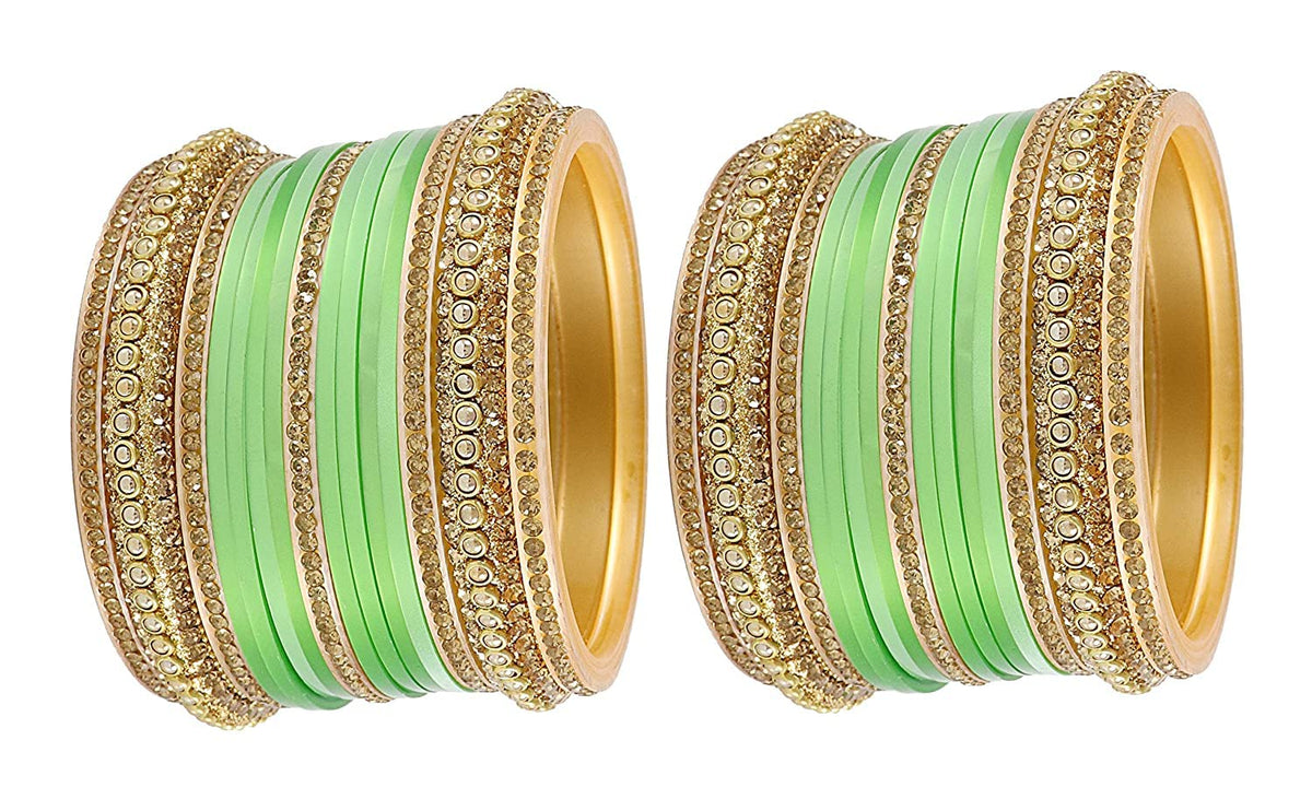 NMII Golden Traditional Acrylic Plastic Chuda Set For Bridal Women & Girls with Zircon Stone & Beads | Stylish Bridal Bangles For Wedding | Plastic Chura Set Punjabi Bnagles