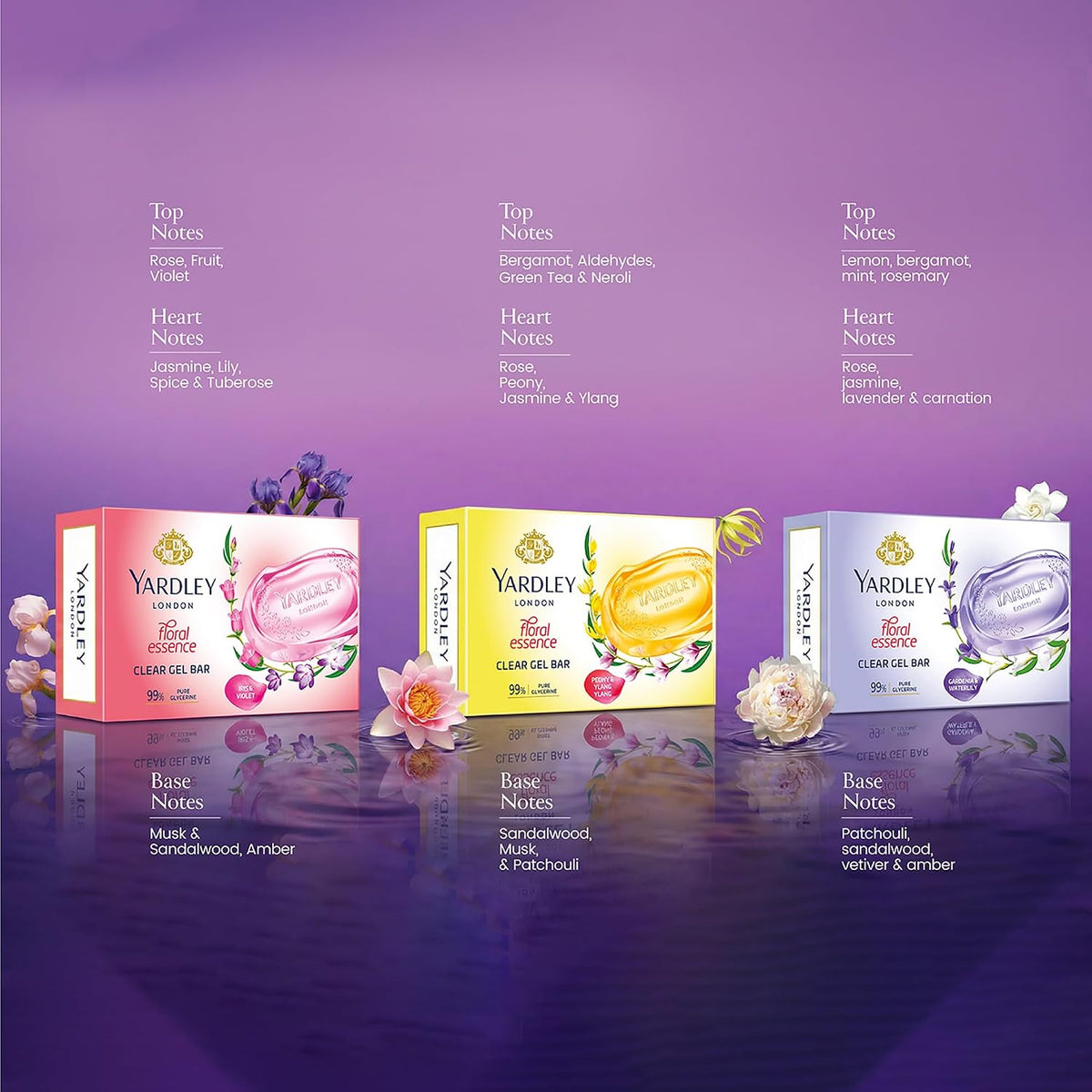 Yardley Clear Gel Bar Assorted Pack of 5 with 99% Pure Glycerin and Natural Floral Oils 125gx5