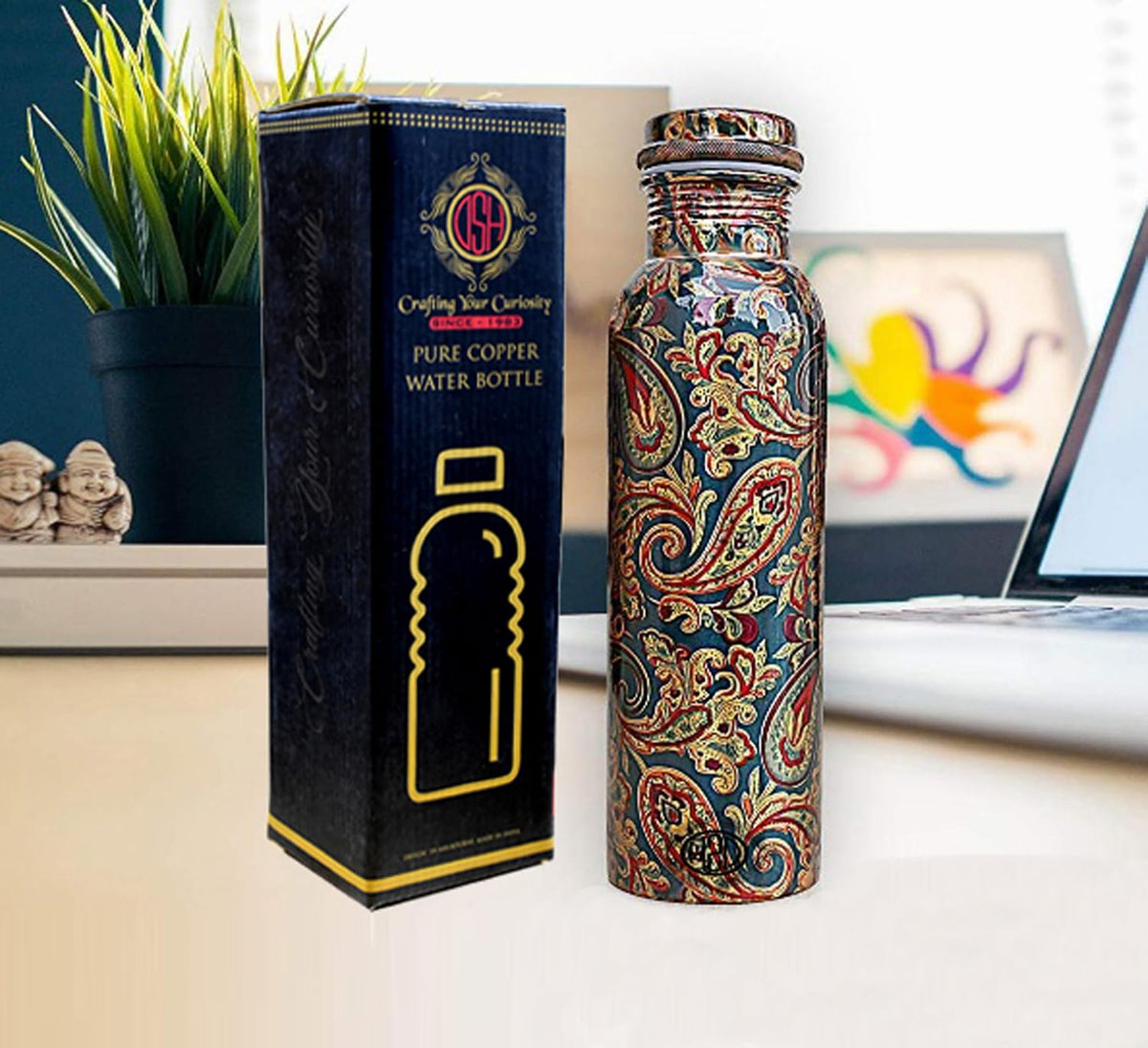 DSH Copper Bottles for Printed with Art Work, Travelling Purpose Bottles, Yoga Ayurveda Healing, 800 ML (Design P 1)