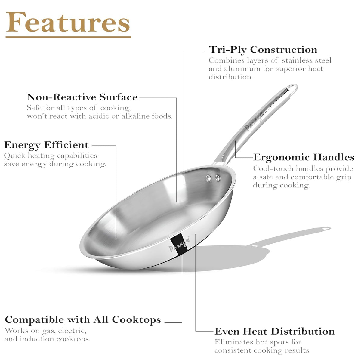 Parage Triply Stainless Steel Fry Pan 24cm | Heavy Bottom Steel Pan for Tempering, Frying | Induction & Gas Friendly | Stay-Cool Handle | Tripure Series | Scratch Resistant | 5 Years Warranty