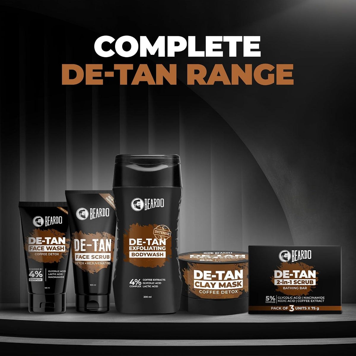 Beardo De-Tan 2-in-1 Scrub Bathing Bar for Men (75g X 3) | Dual Action Cleansing & Exfoliation | Niacinamide, Kojic Acid, Glycolic Acid & Coffee Extracts | Helps Remove Tan, Dirt & Dead Skin